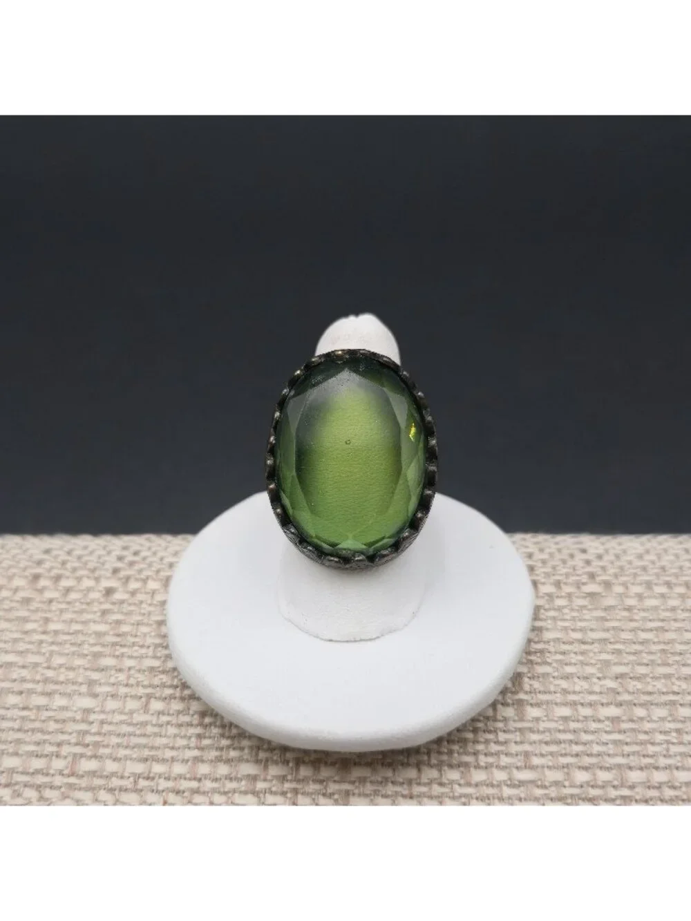 Size 7 Large Oval Green Glass Ring in Bronze - Antique Style Victorian Statement